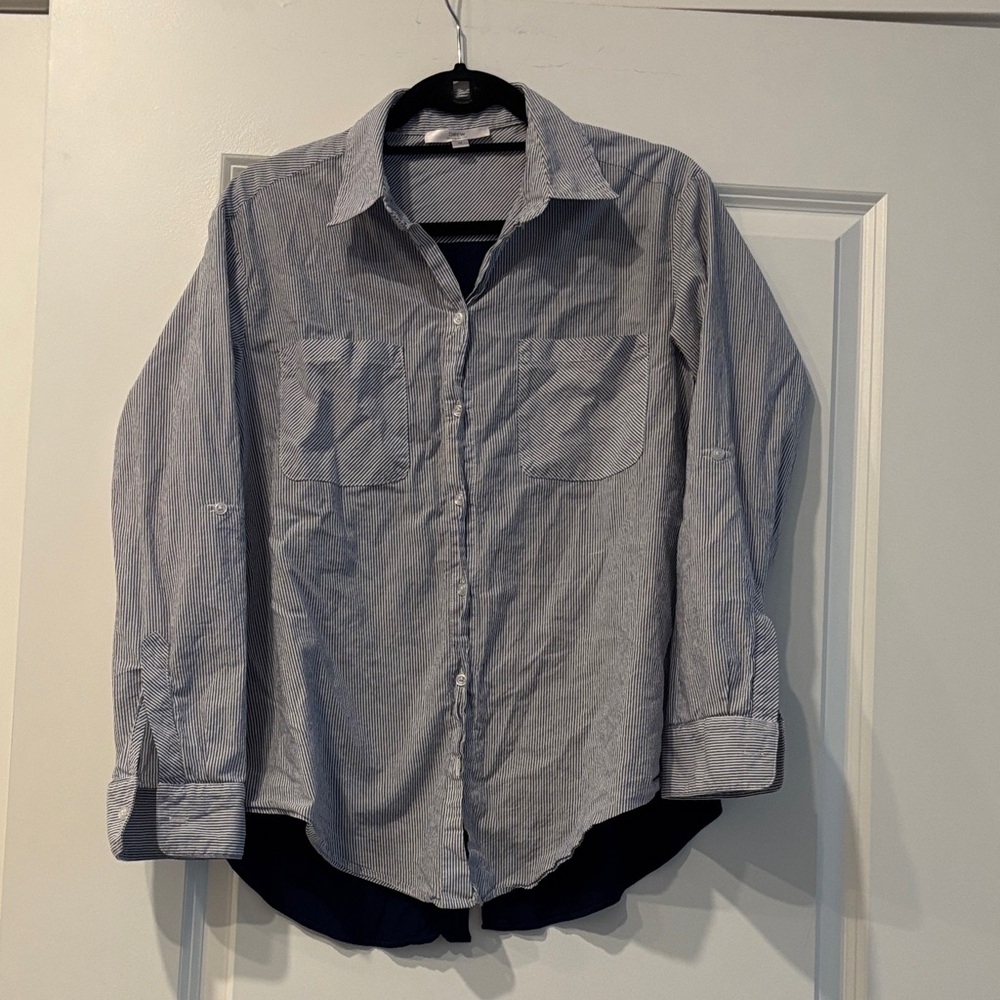DREW  Blue Striped Button Down Shirt with knit open back sz med